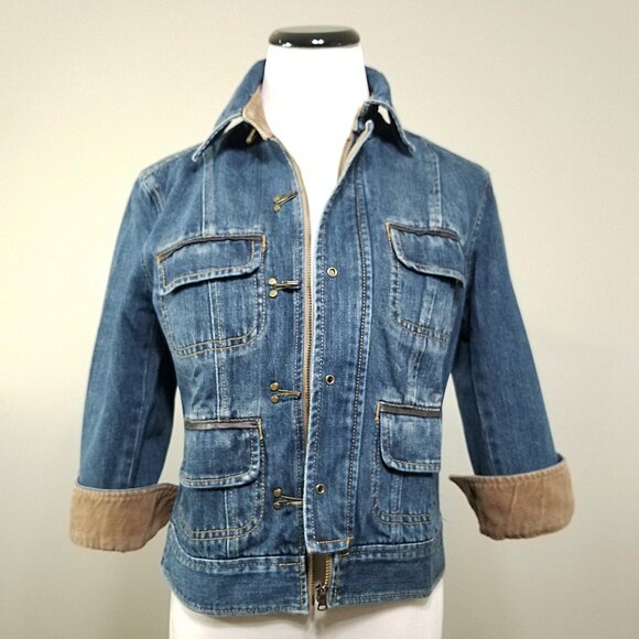 VTG Tommy Hilfiger S Denim Jacket Embellished Hardware Contrast Trim Distressed - Picture 3 of 11